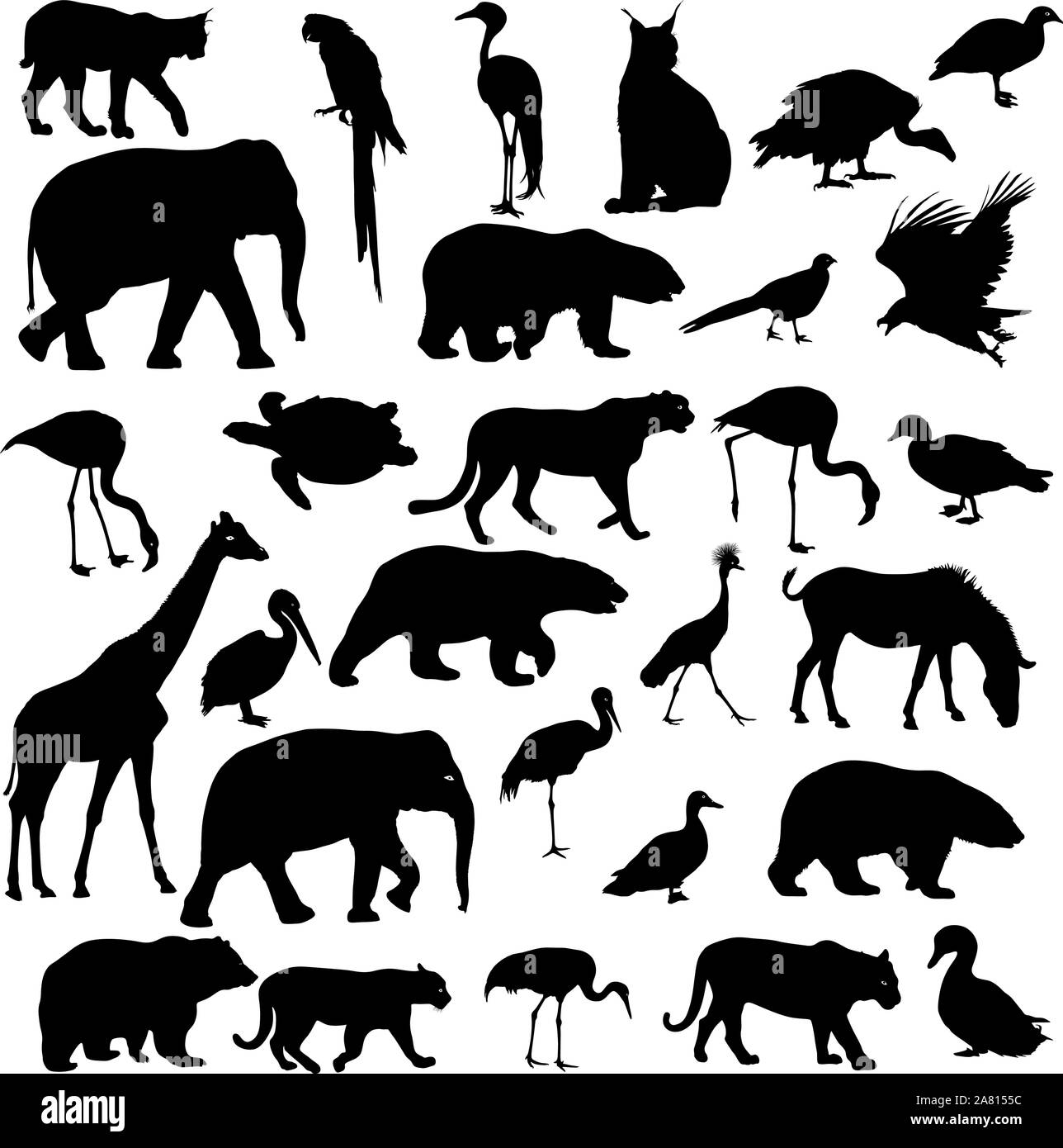 Silhouette elephant bear eagle trot duck zebra parrot on a white background. Stock Vector