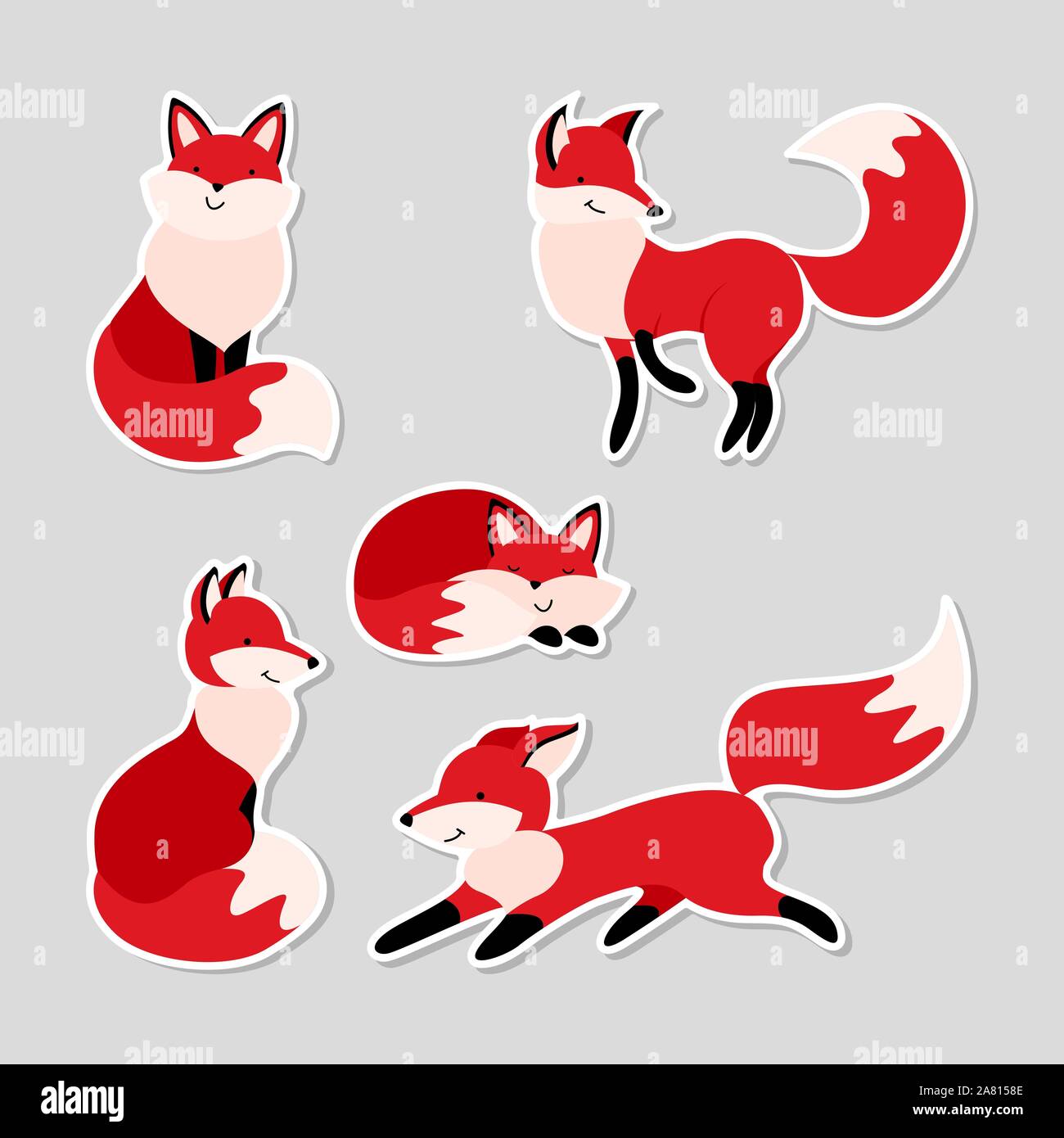Set of stickers with cute cartoon foxes. Funny woodland animals in different situations. Flat vector illustration. Stock Vector