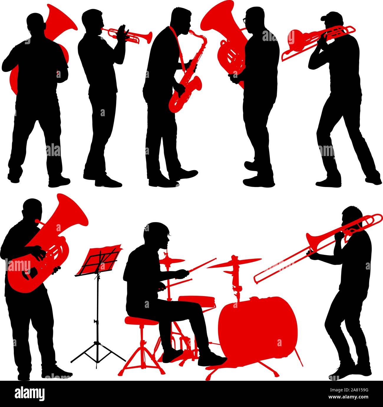 Set silhouette of musician playing the trombone, drummer, tuba, trumpet