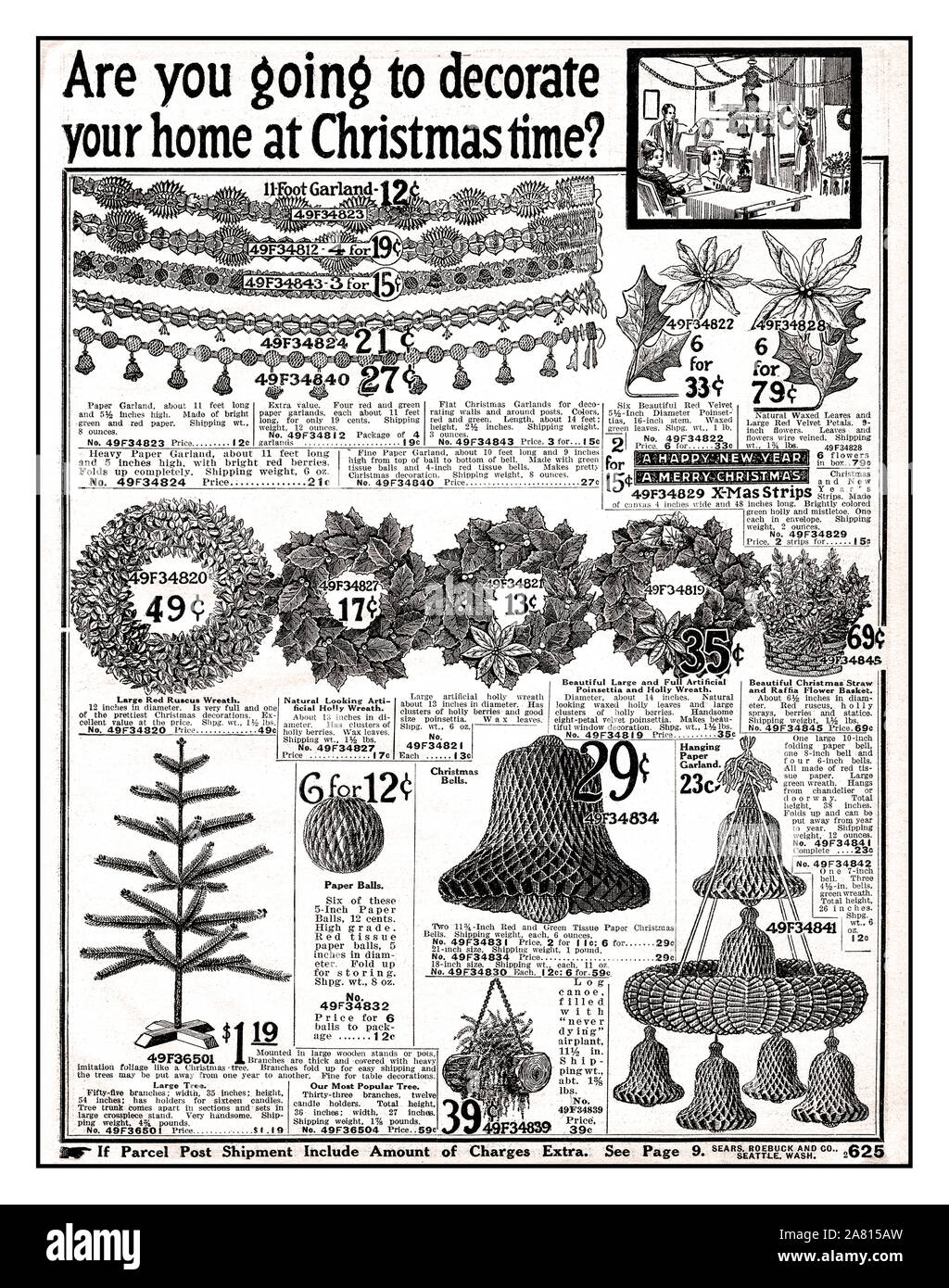 Vintage 1900’s Christmas catalogue advertising page filled with variety of historic Christmas decorating items for the home and Christmas tree page from 1916 Sears Roebuck and Co. catalogue. 'Are you going to decorate your home at Christmas time'? Published during first World War WW1 USA Stock Photo