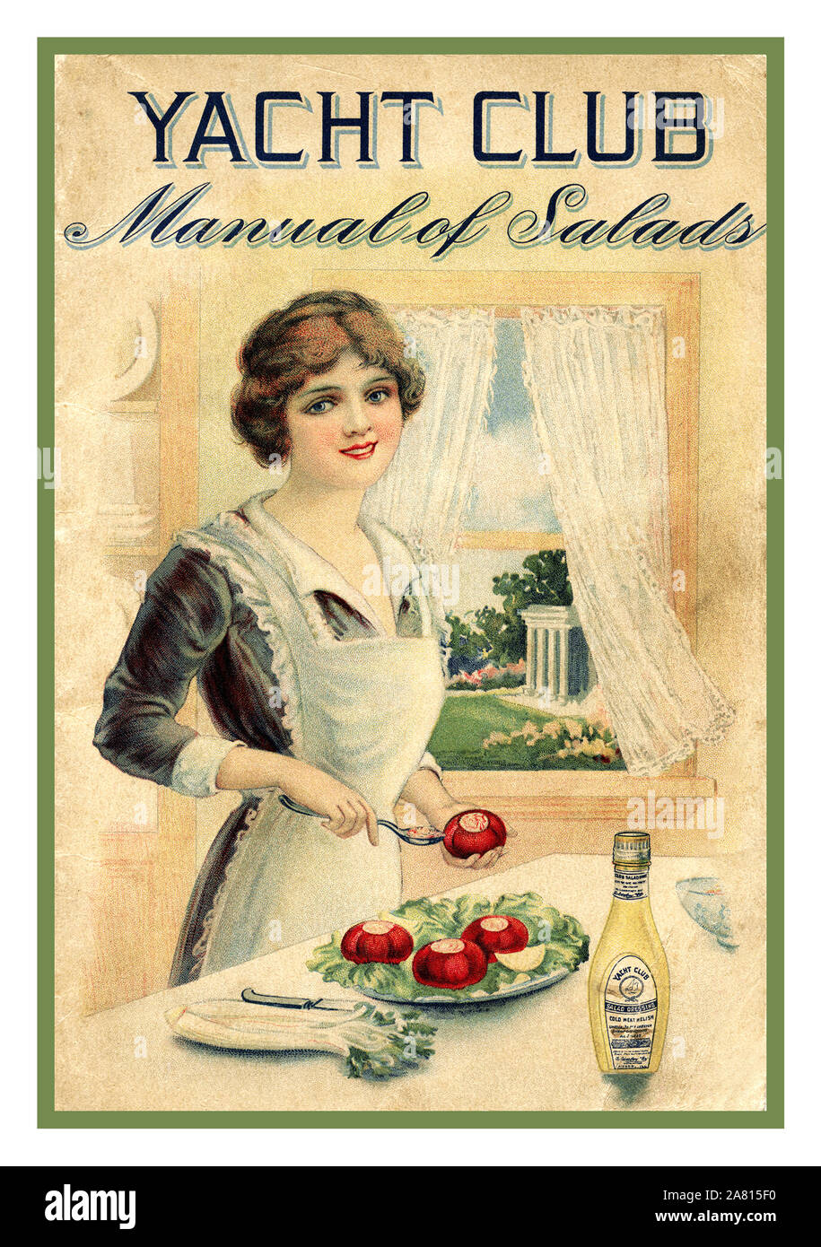Vintage American USA 1900's YACHT CLUB branded food products front cover of a recipe booklet titled Manual of Salads features a woman in a blue dress and white apron preparing tomatoes for a salad. The booklet was published in 1914 to promote the use of Yacht Club food products. Book of Practical Suggestions for the Use of Yacht Club Food Products” by Agnes Carroll Hayward, Published by Tildesley & Co. 1914 Stock Photo