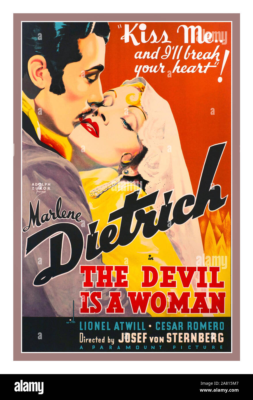 Vintage 1930's Movie Film Poster starring Marlene Dietrich 'The Devil is a woman' also starring Lionel Atwill Cesar Romero and Directed by Josef von Sternberg  Marlene Dietrich stars in The Devil Is A Woman, directed by Josef Von Sternberg in 1935. Stock Photo