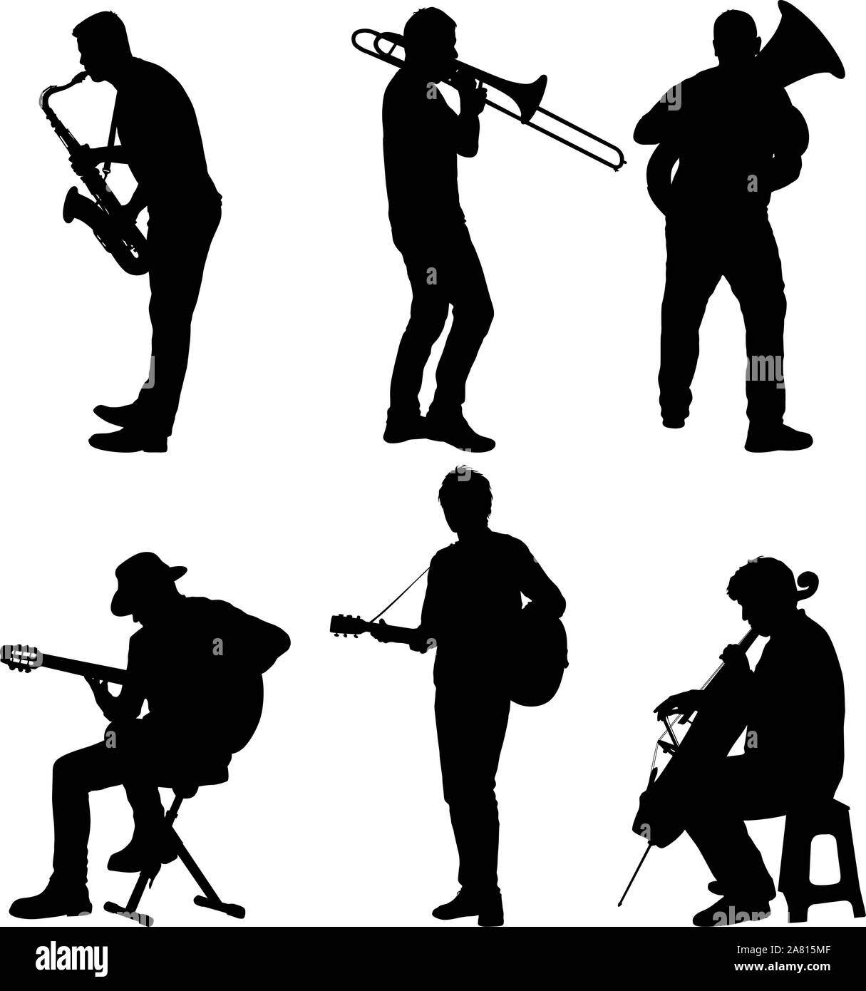 Silhouettes street musicians playing instruments on a white background. Stock Vector