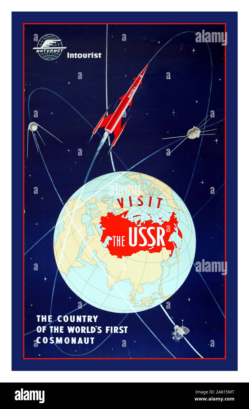 Vintage 1960's Soviet Russian Space Race Intourist space travel poster featuring Boctok-1 rocket, inviting tourists to come visit the USSR, home of the first cosmonaut of the world (c. 1960). Stock Photo