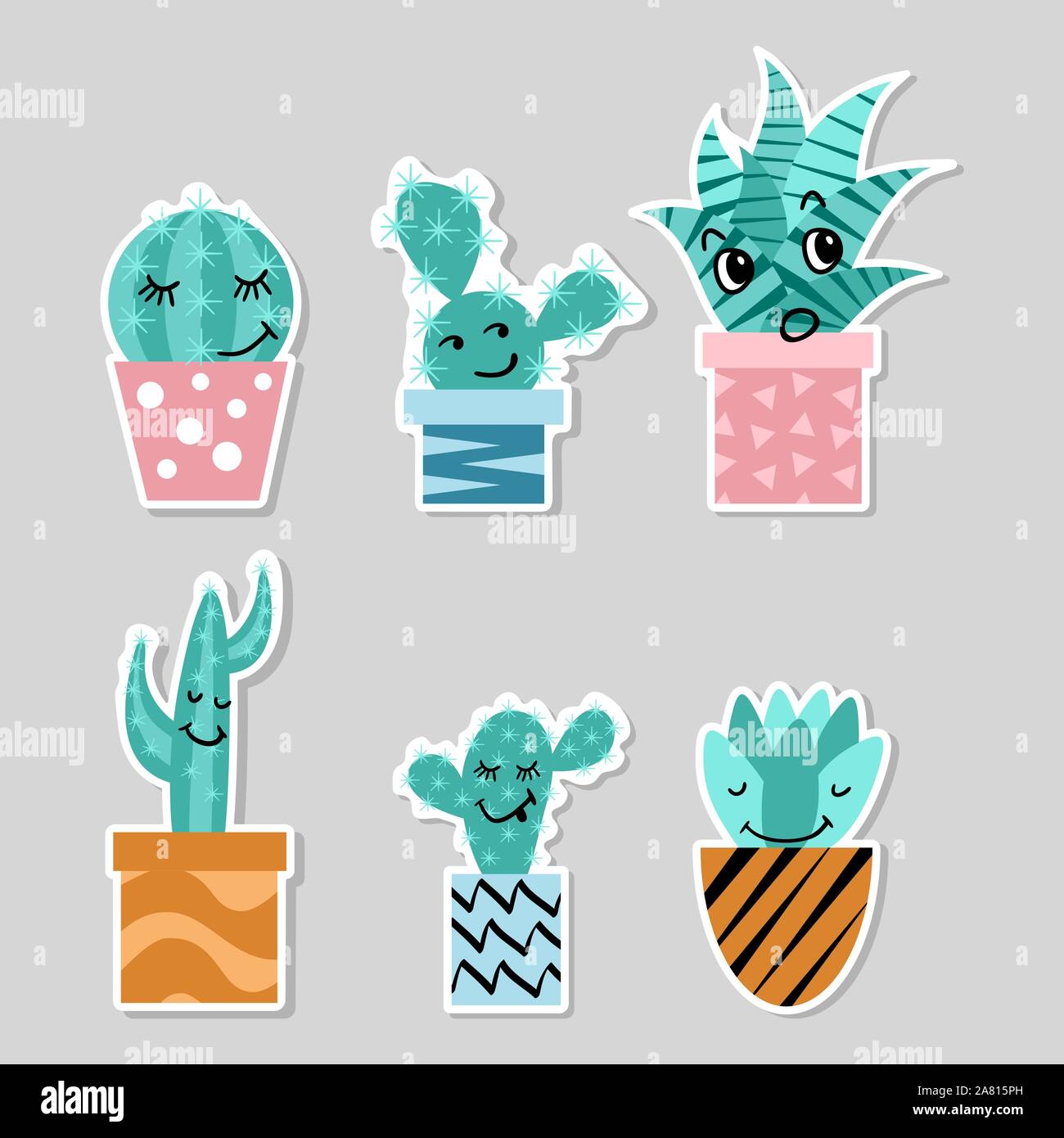 Set of stickers with cute cactuses. Funny smiling houseplants in pots ...