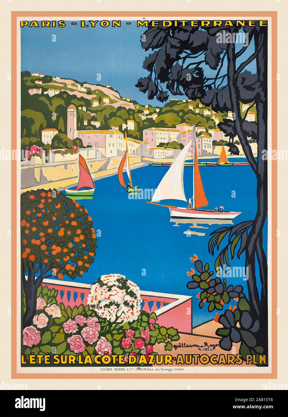 Vintage French Rail Travel Poster L'ÉTÉ SUR LA CÔTE D'AZUR autocars PLM South of France lithograph, 1926, Guillaume Georges Roger (1867-1942) printed by Lucien Serre & Cie., Paris, France Stock Photo