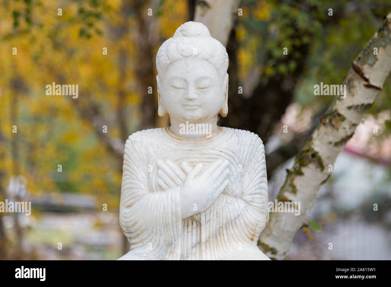Statue of Buddha with autumn fall colors in the background Stock Photo