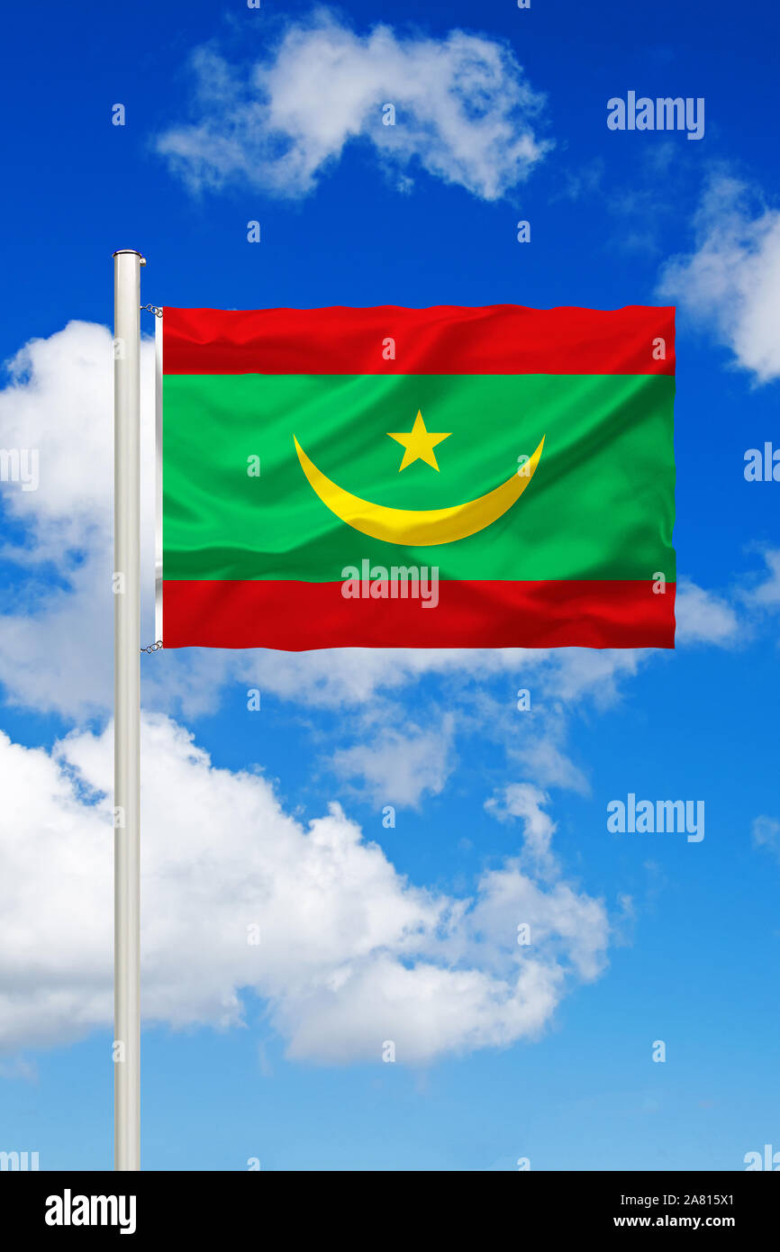 Nationalfahne, Nationalflagge, Fahne, Flagge, Mauretanien, Afrika, Westafrika, Nordwestafrika, Cumulus Wolken vor blauen Himmel, Sahelzone, Stock Photo