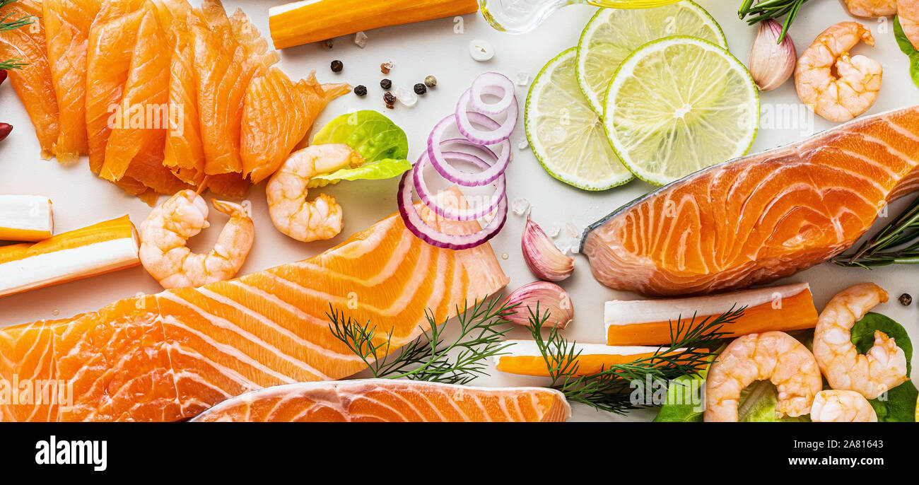 Banner Of Fresh Seafood On A Table With Spices Vegetables And