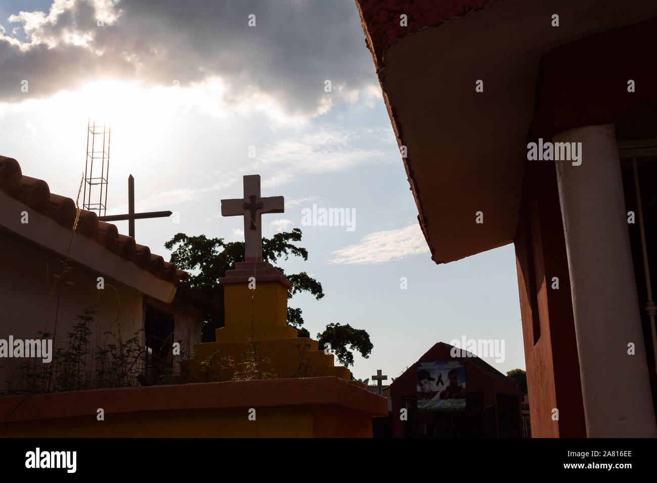 Culiacan, Sinaloa, Mexico - October 10 2019: Tombs decorated with crosses of different styles and states Stock Photo