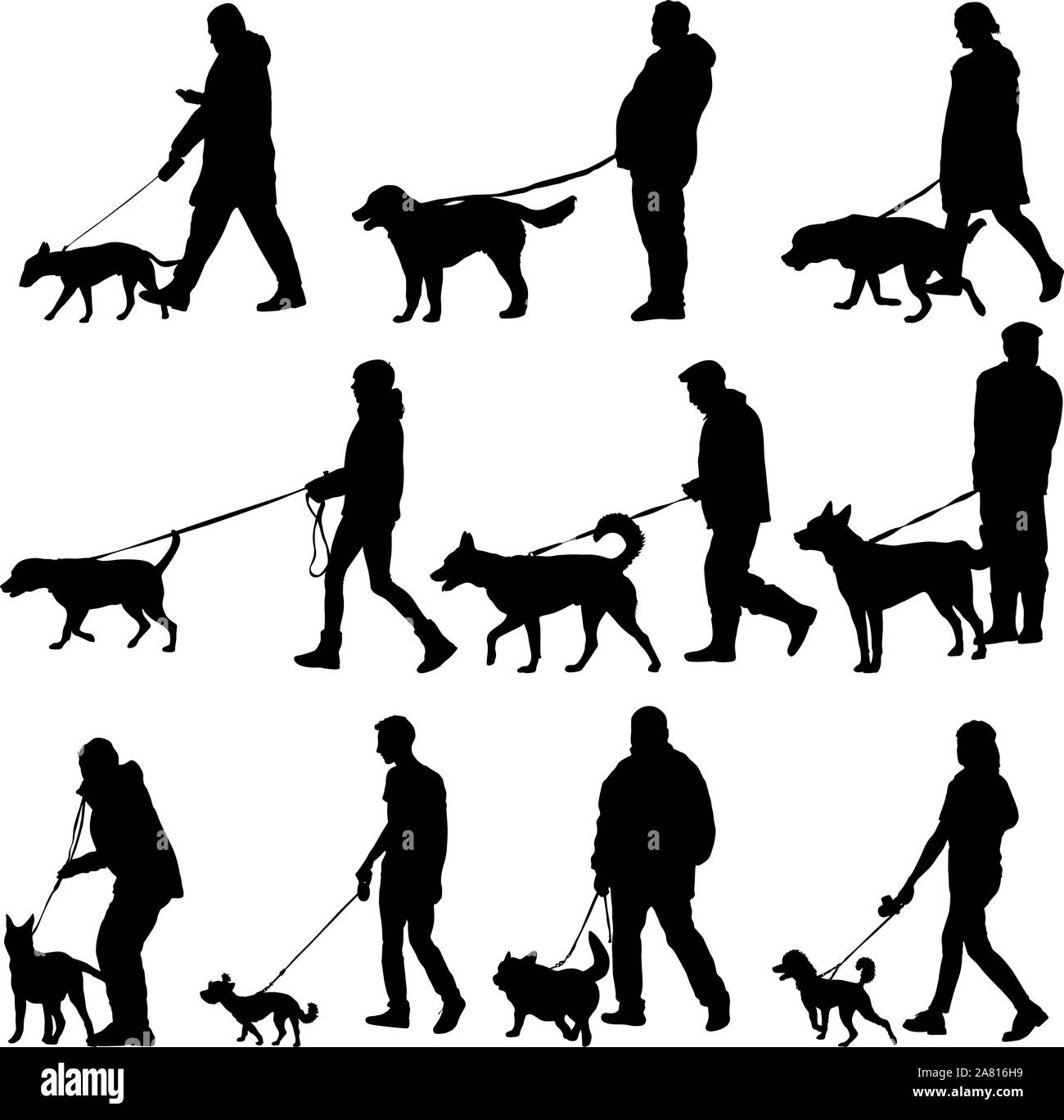 Set silhouette of people and dog on a white background Stock Vector ...