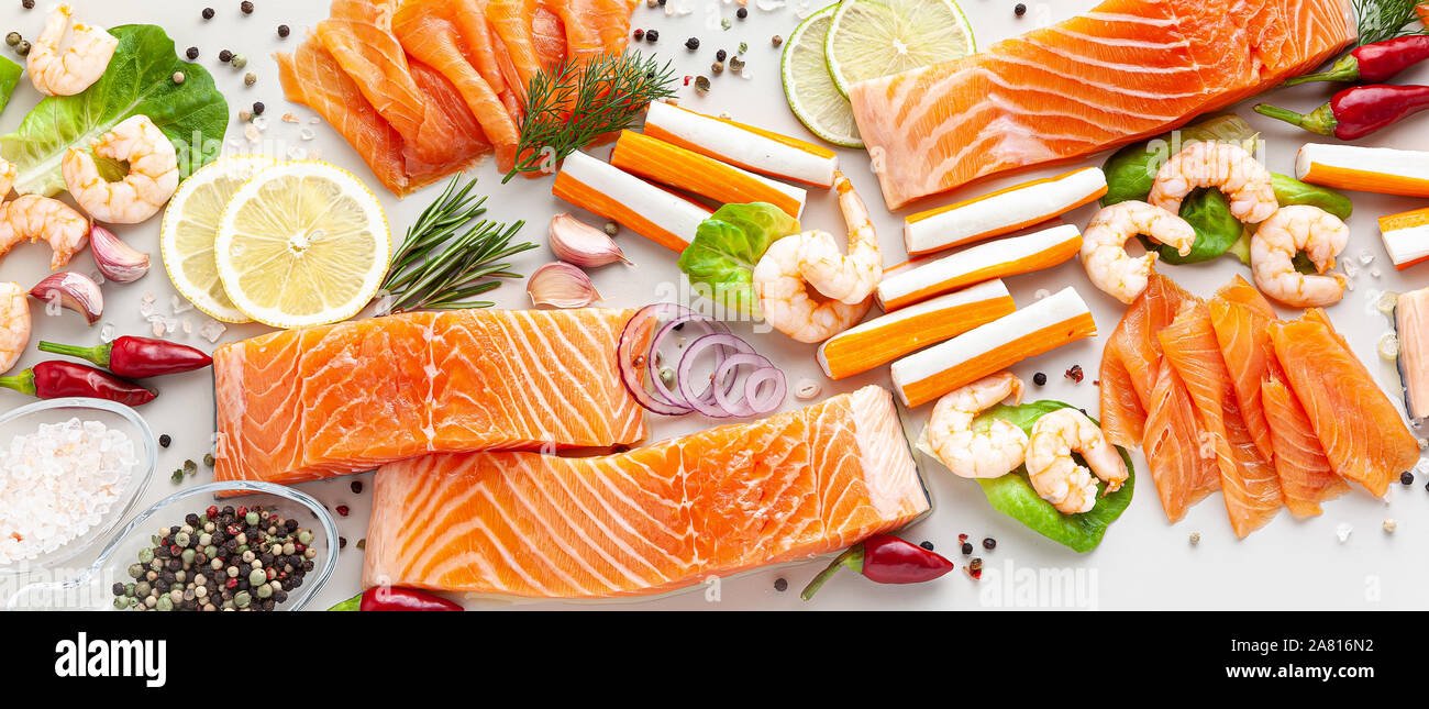 Banner Of Fresh Seafood On A Table With Spices Vegetables And