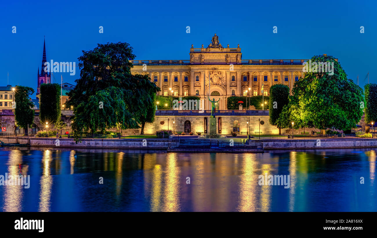 The Parliament House building at night in Stockholm, Sweden. Stock Photo