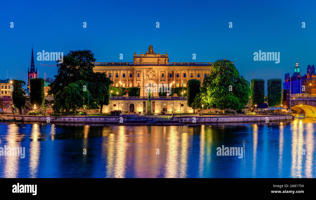 The Parliament House building at night in Stockholm, Sweden. Stock Photo