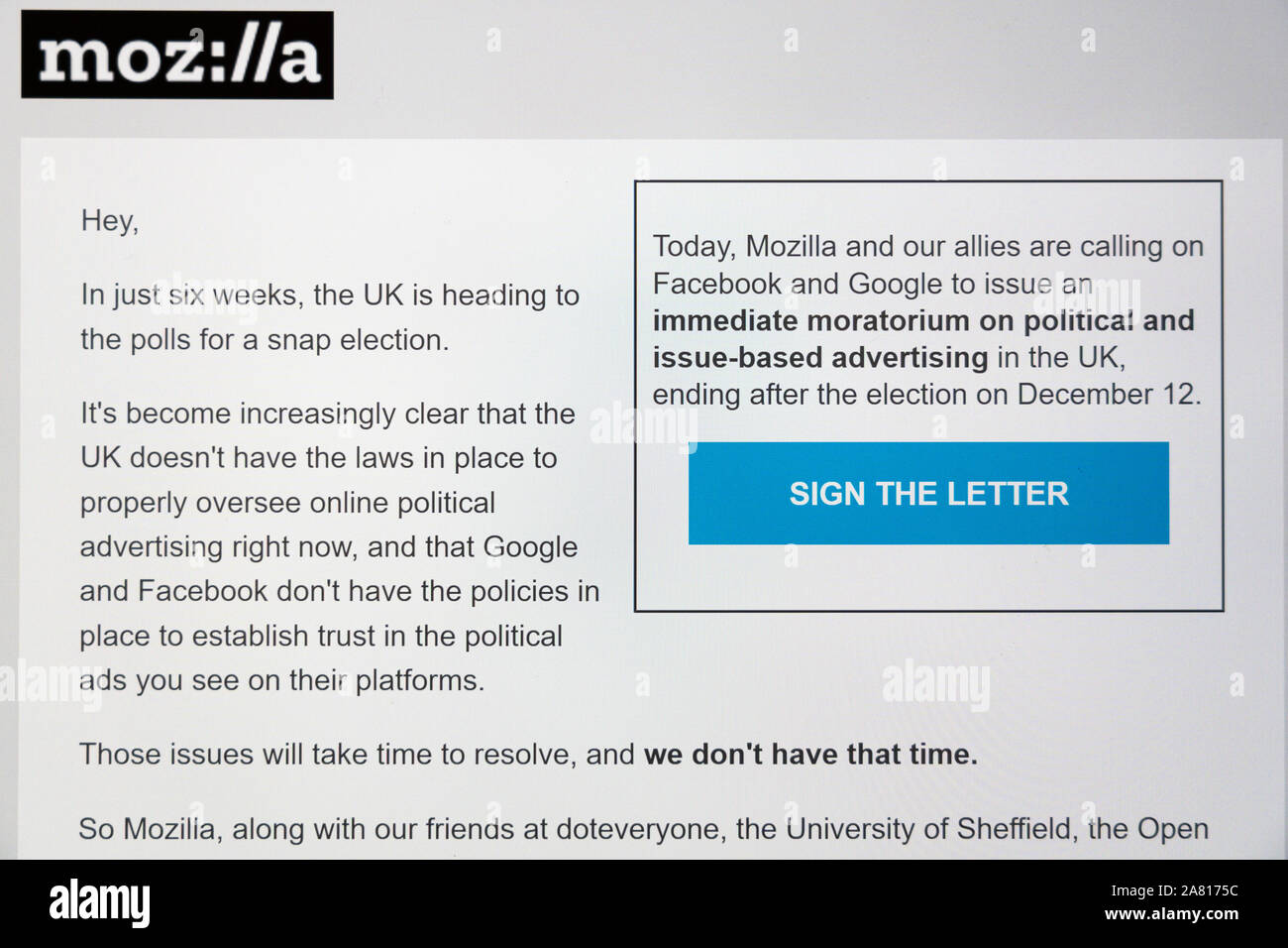 An email request to sign an open letter from Mozilla asking Google and Facebook for a ban on political ads before the UK general election Stock Photo