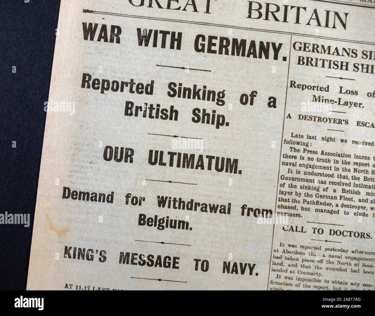 Replica newspaper at the start of World War One: The front page of the Daily News & Reader newspaper on 5th August 1914 announcing 'War With Germany'. Stock Photo