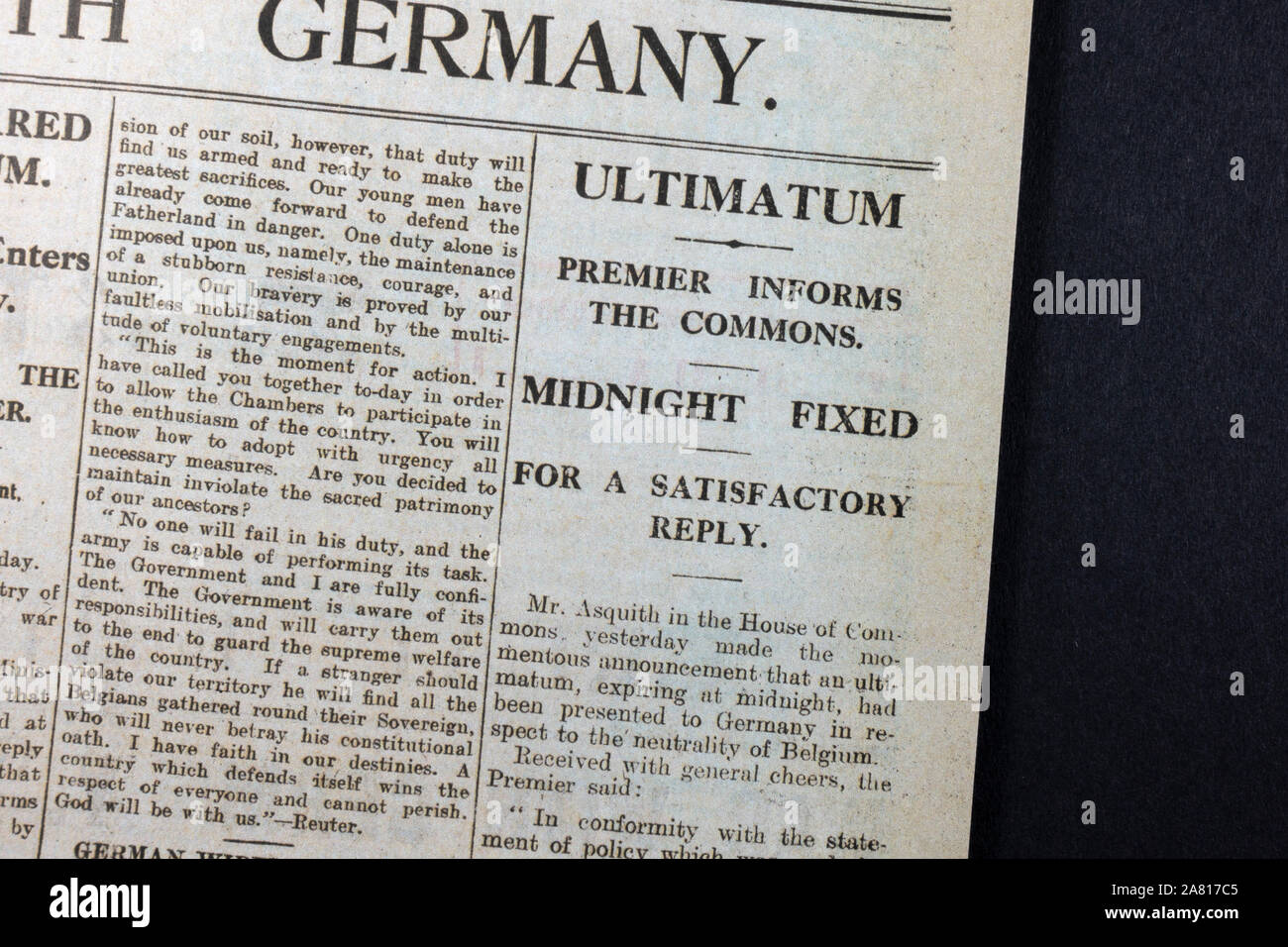 Replica newspaper at the start of World War One: The front page of the Daily News & Reader newspaper on 5th August 1914 with Britain;s 'Ultimatum'. Stock Photo