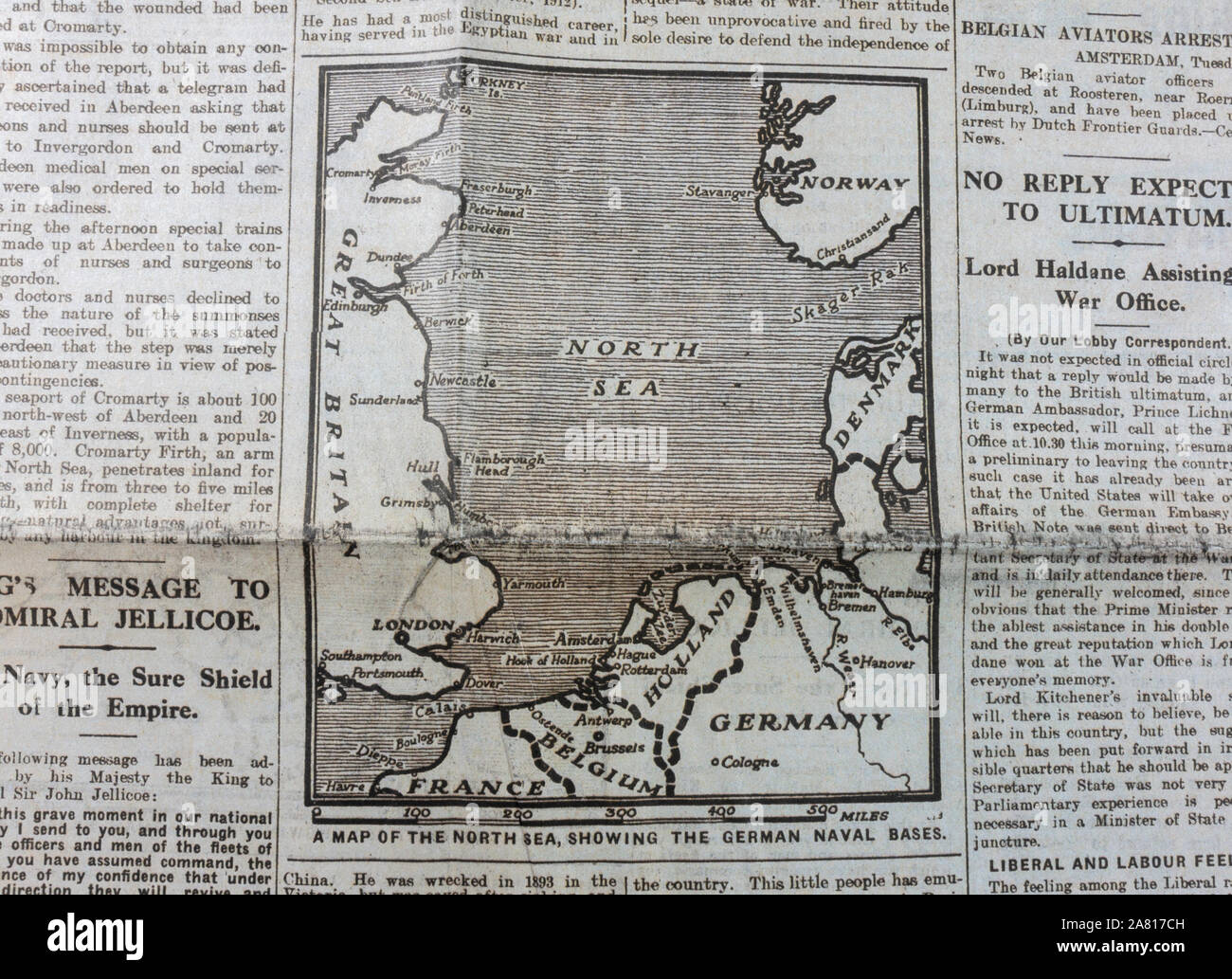 Replica newspaper at the start of World War One: Inside page of the Daily News & Reader newspaper on 5th August 1914 with map of the North Sea. Stock Photo