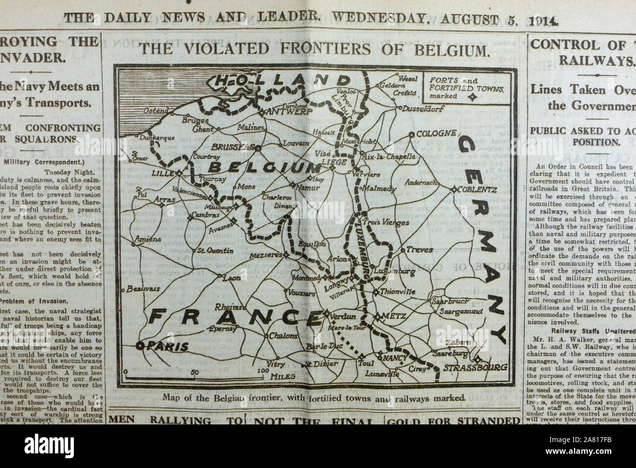 Replica newspaper at the start of World War One: Inside page of the Daily News & Reader newspaper on 5th Aug 1914 with a map of the Belgium frontier. Stock Photo