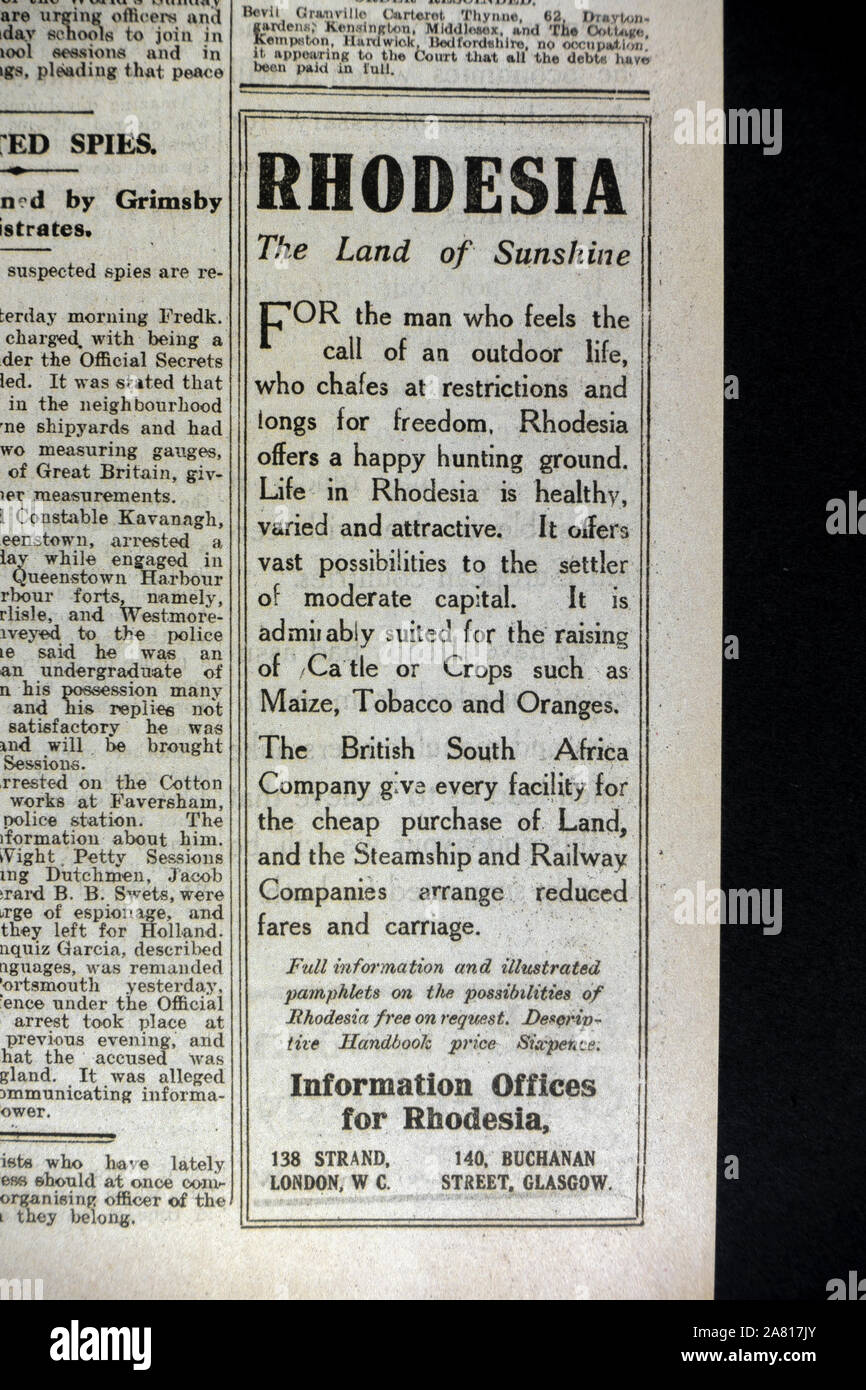 Replica newspaper at the start of WWI: Advert in the Daily News & Reader newspaper on 5th Aug 1914 encouraging emigration to Rhodesia (Zimbabwe) Stock Photo