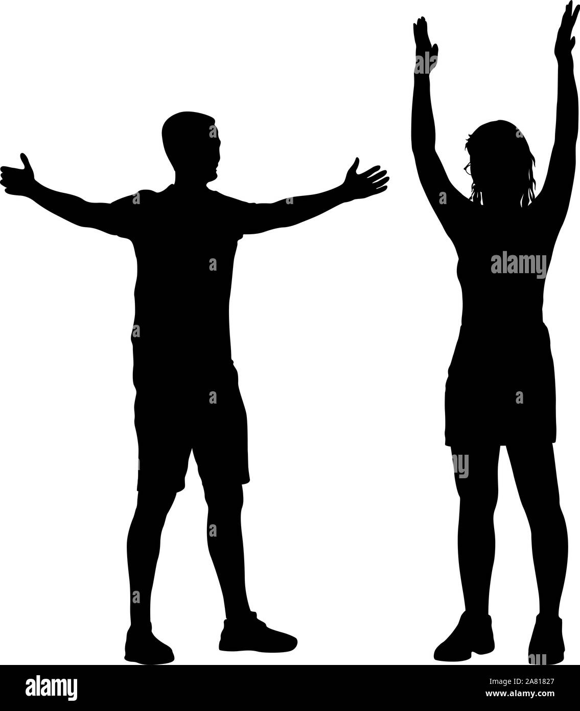 Black silhouettes men and women with arm raised on a white background ...