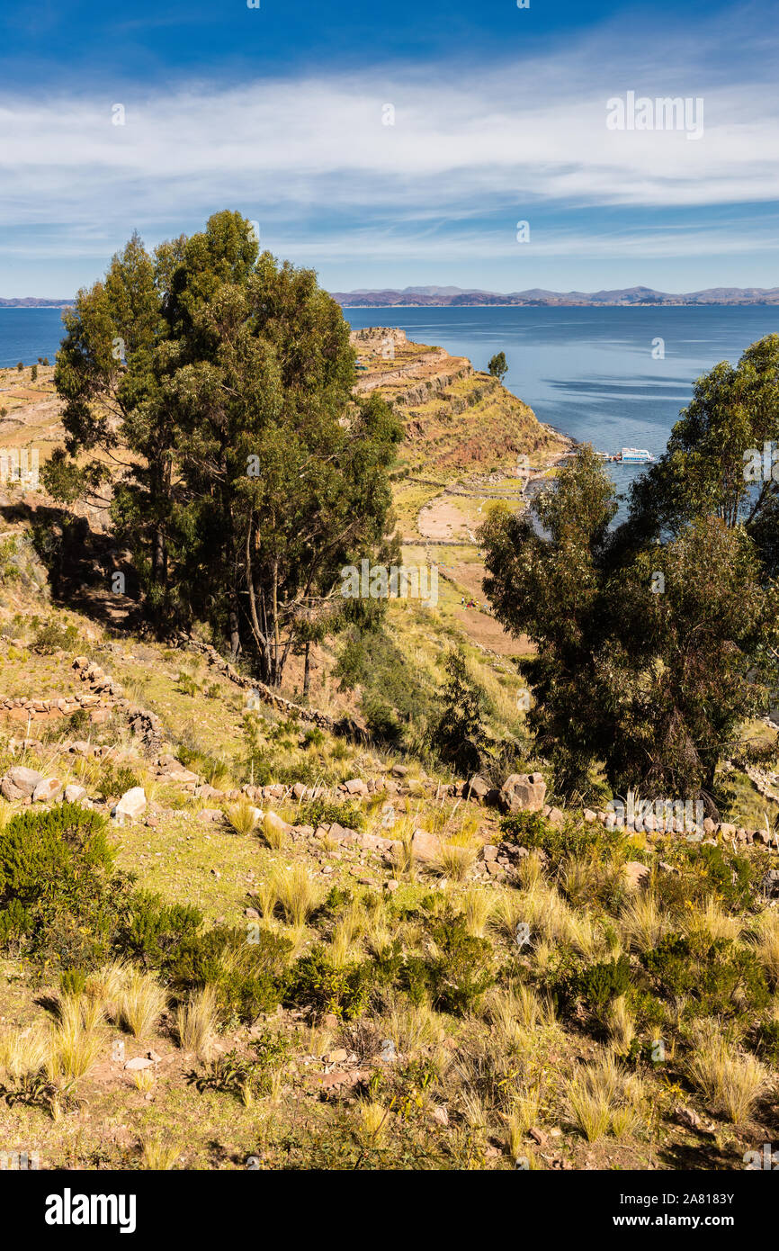 View of Taquile Island in Lake Titicaca, 45 kms offshore from the city of Puno in Peru Stock Photo