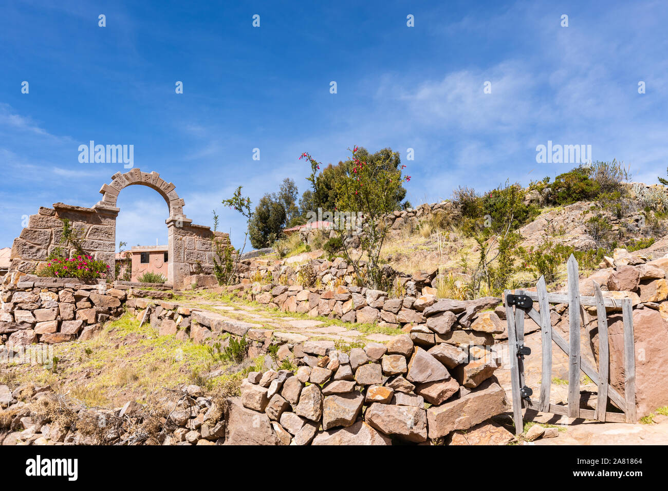 View of Taquile Island in Lake Titicaca, 45 kms offshore from the city of Puno in Peru Stock Photo