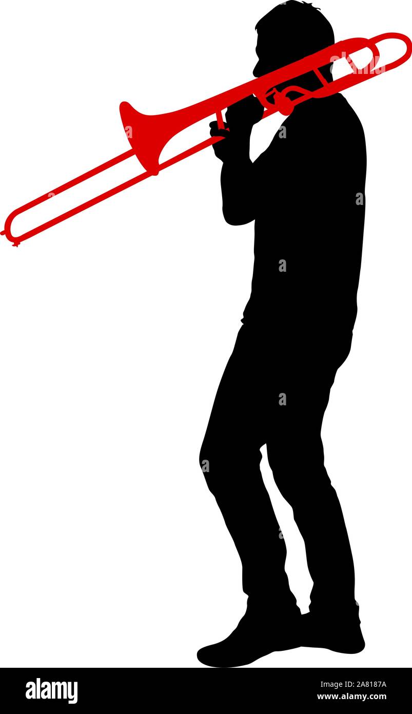 Silhouette of musician playing the trombone on a white background