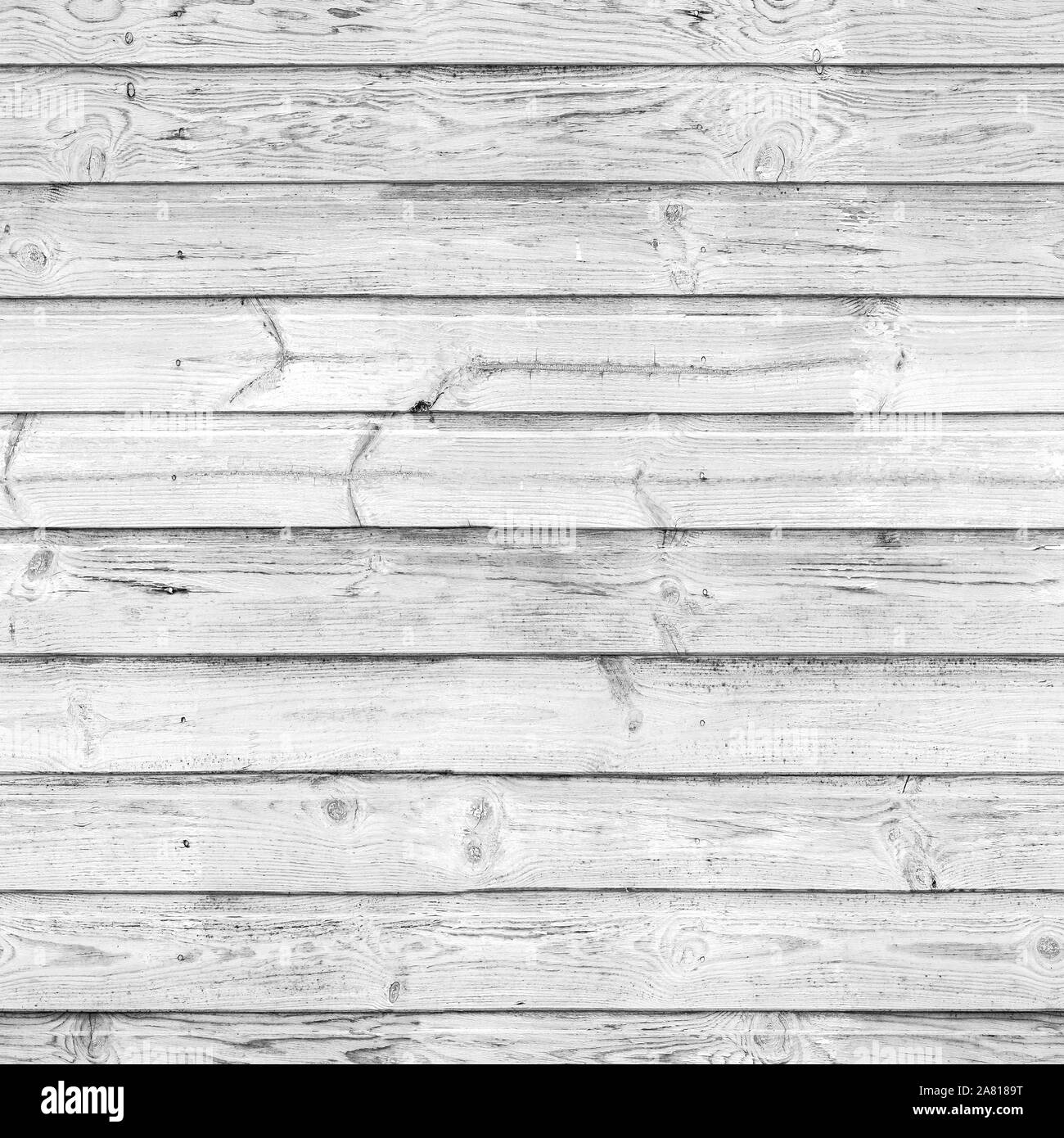 White wooden wall, frontal view, square seamless background photo texture Stock Photo