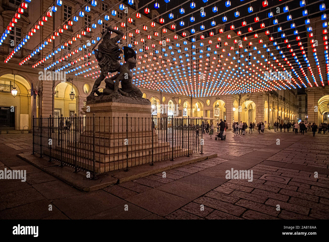 Italy Piedmont Turin - Light of Artist in Piazza Palazzo di Città - Flying Carpet by Daniel Buren Stock Photo