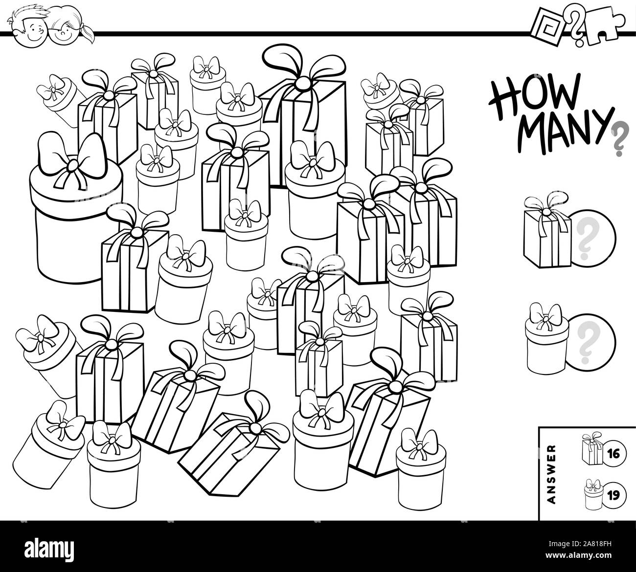 Black and White Illustration of Educational Counting Task for Children with Christmas or Birthday Presents Coloring Book Stock Vector