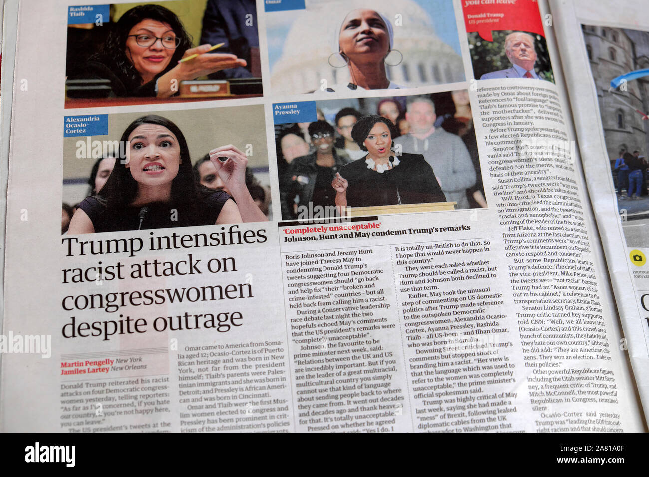 'Trump intensifies racist attack on congresswomen despite outrage'   newspaper headline article inside The Guardian paper UK 16 July 2019 Stock Photo