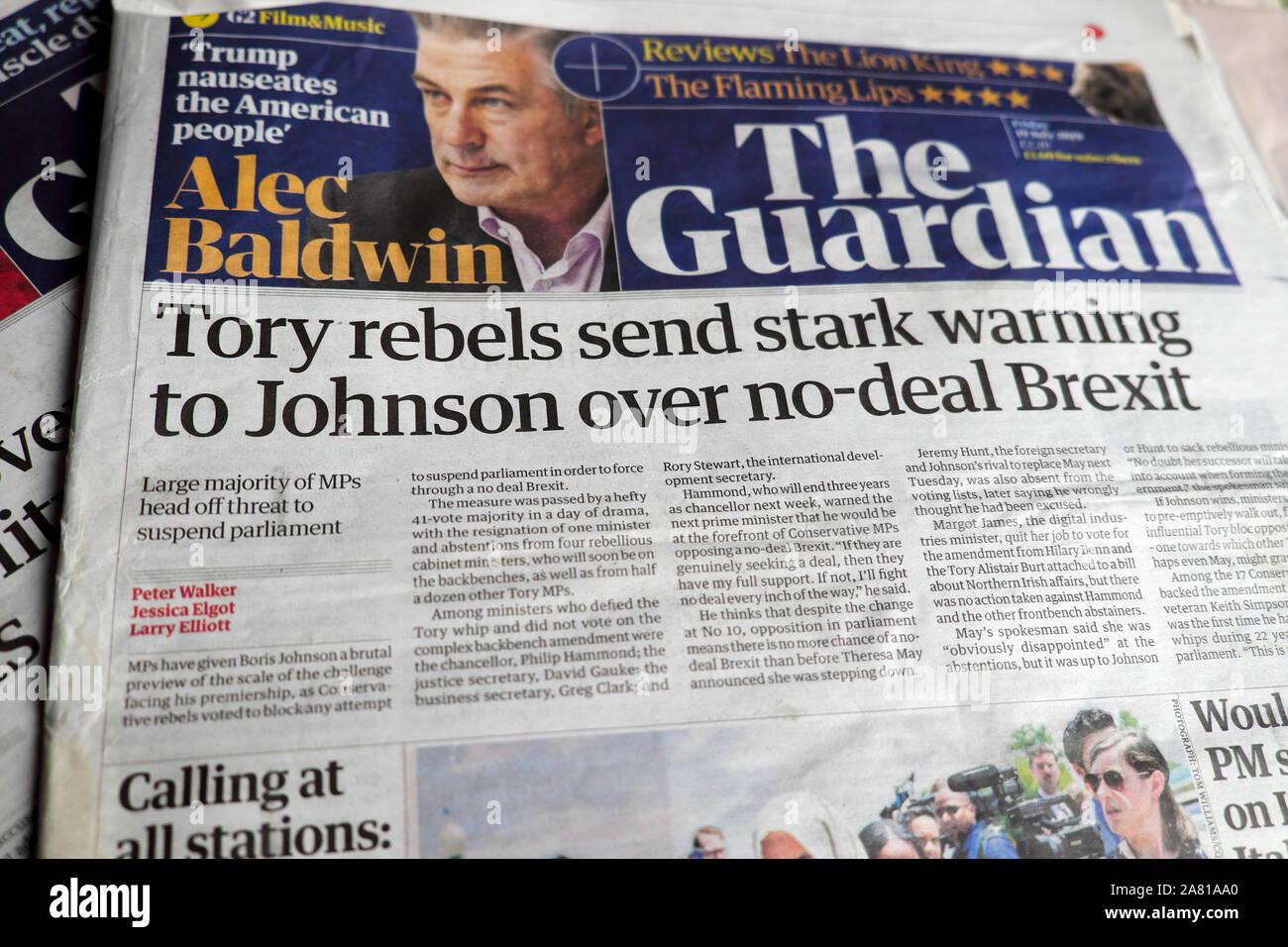 'Tory rebels send stark warning to Johnson over no-deal Brexit' front page Guardian newspaper headlines on 18 July 2019 London England UK Stock Photo