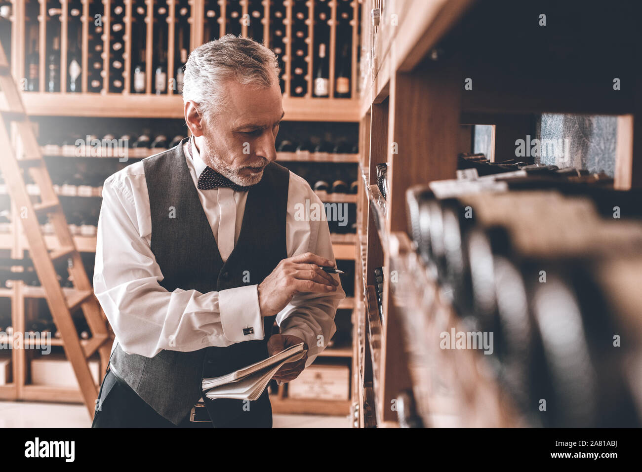 Sommelier Concept. Senior man standing checking wine collection notebook pensive Stock Photo