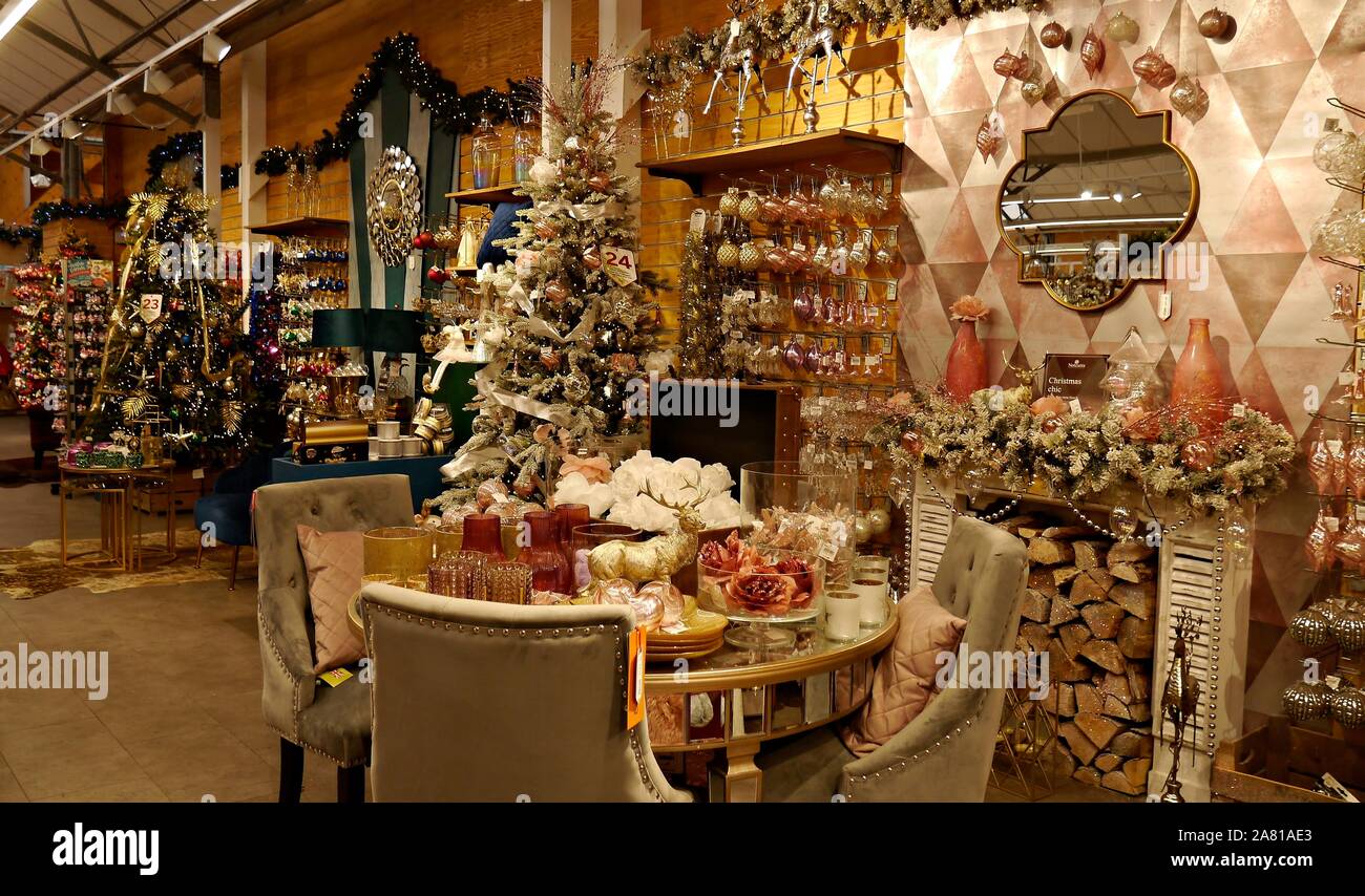 Christmas Pink and Cream Christmas Decorations on Display in a Garden  Centre in Surrey UK Stock Photo - Alamy