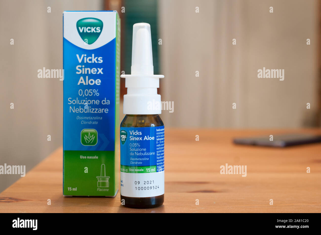 Carrara, Italy - November 5, 2019 - A bottle of Vicks Sinex Aloe nasal  decongestant on a wooden table Stock Photo - Alamy