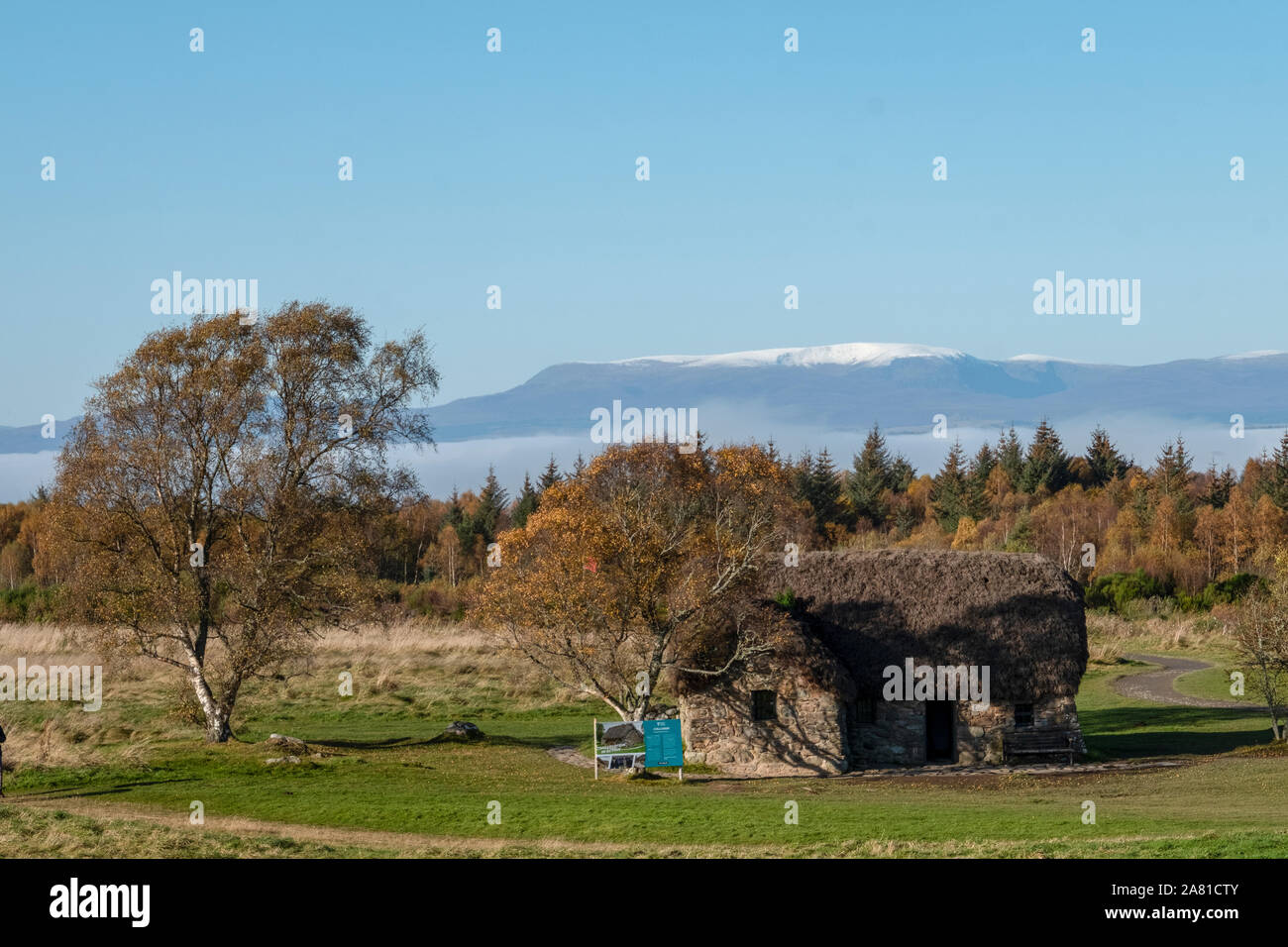 Leanach cottage, Culloden Moor. The cottage dates from the time of the battle and has been recently restored by the National Trust for Scotland. Stock Photo