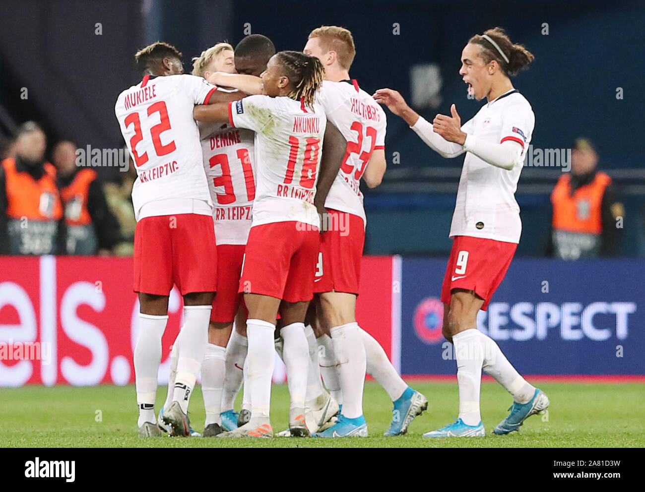 ST PETERSBURG, RUSSIA – NOVEMBER 4, 2019: RB Leipzig's Nordi Mukiele,  Christopher Nkuknu, Marcel Halstenberg, and Yussuf Poulsen (L-R) celebrate  a goal in a 2019-20 UEFA Champions League Group G football match