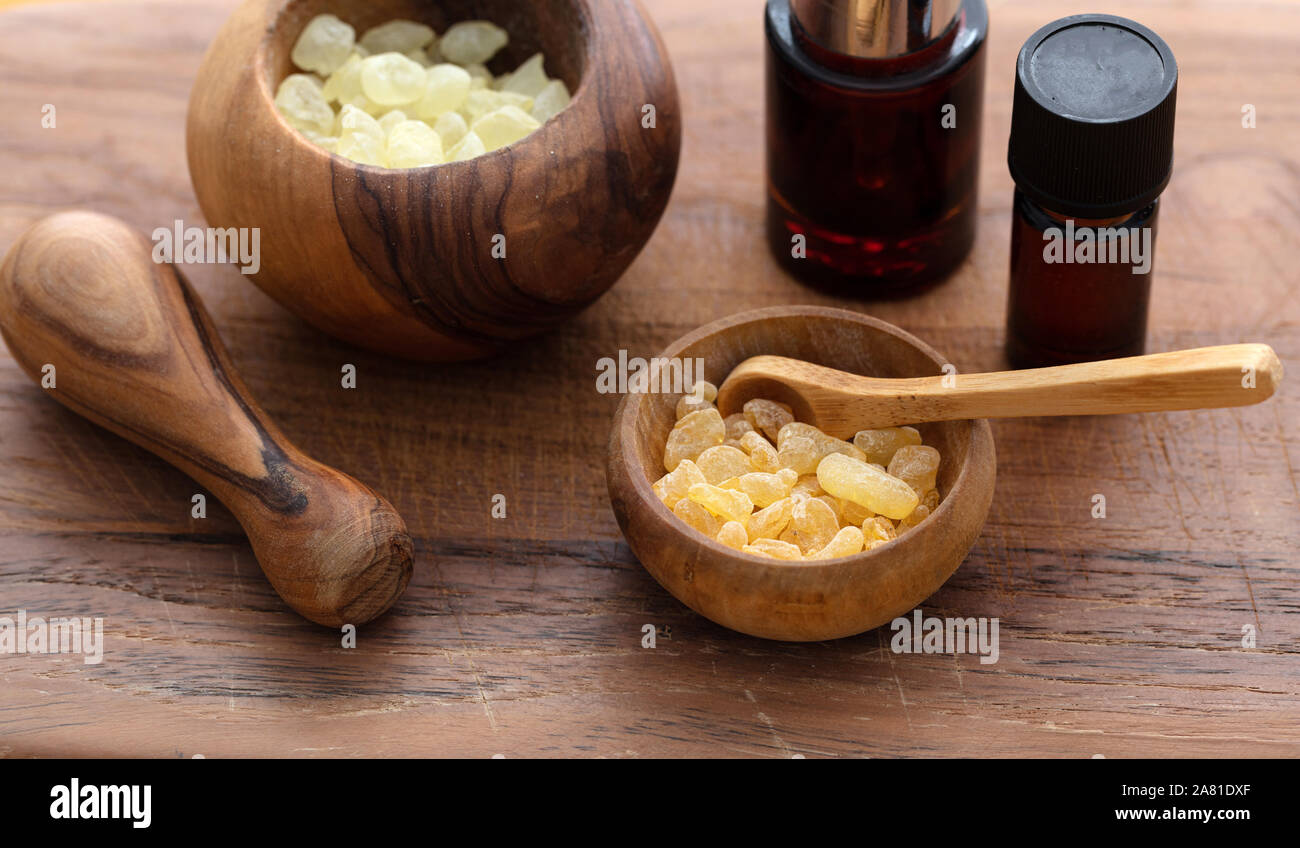 Mastic resin tears. Chios mastic in wooden bowls and essential oil on wood background Stock Photo