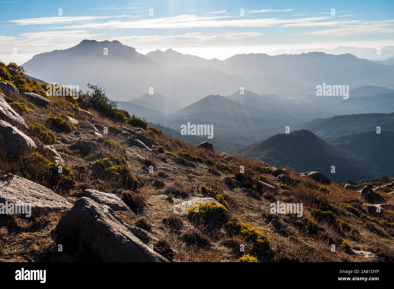 Overlooking the coastal mountain range of central Chile, also known as La Cordillera de la Costa. Stock Photo