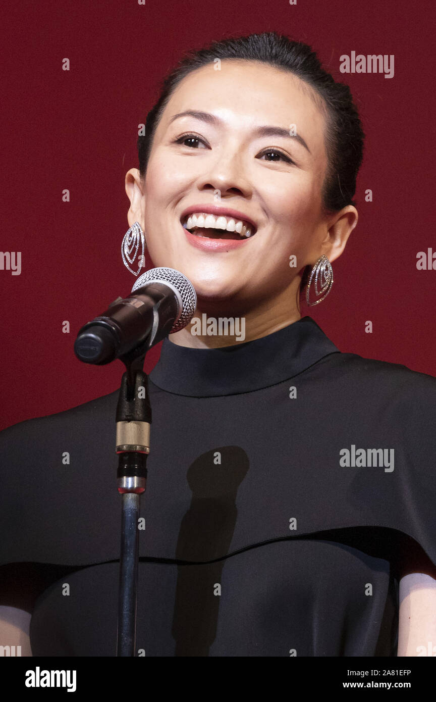 November 5, 2019, Tokyo, Japan: Chinese actress Zhang Ziyi speaks during the closing ceremony of the 32nd Tokyo International Film Festival (TIFF) at the Tokyo International Forum in Yurakucho. The 32nd Tokyo International Film Festival is one of the biggest film festivals in Asia and movie fans can get close to bothÂ foreign and Japanese filmmakers during the stage greetings. TIFF is the only Japanese festival accredited by the International Federation of Film Producers Associations  (Credit Image: © Rodrigo Reyes Marin/ZUMA Wire) Stock Photo