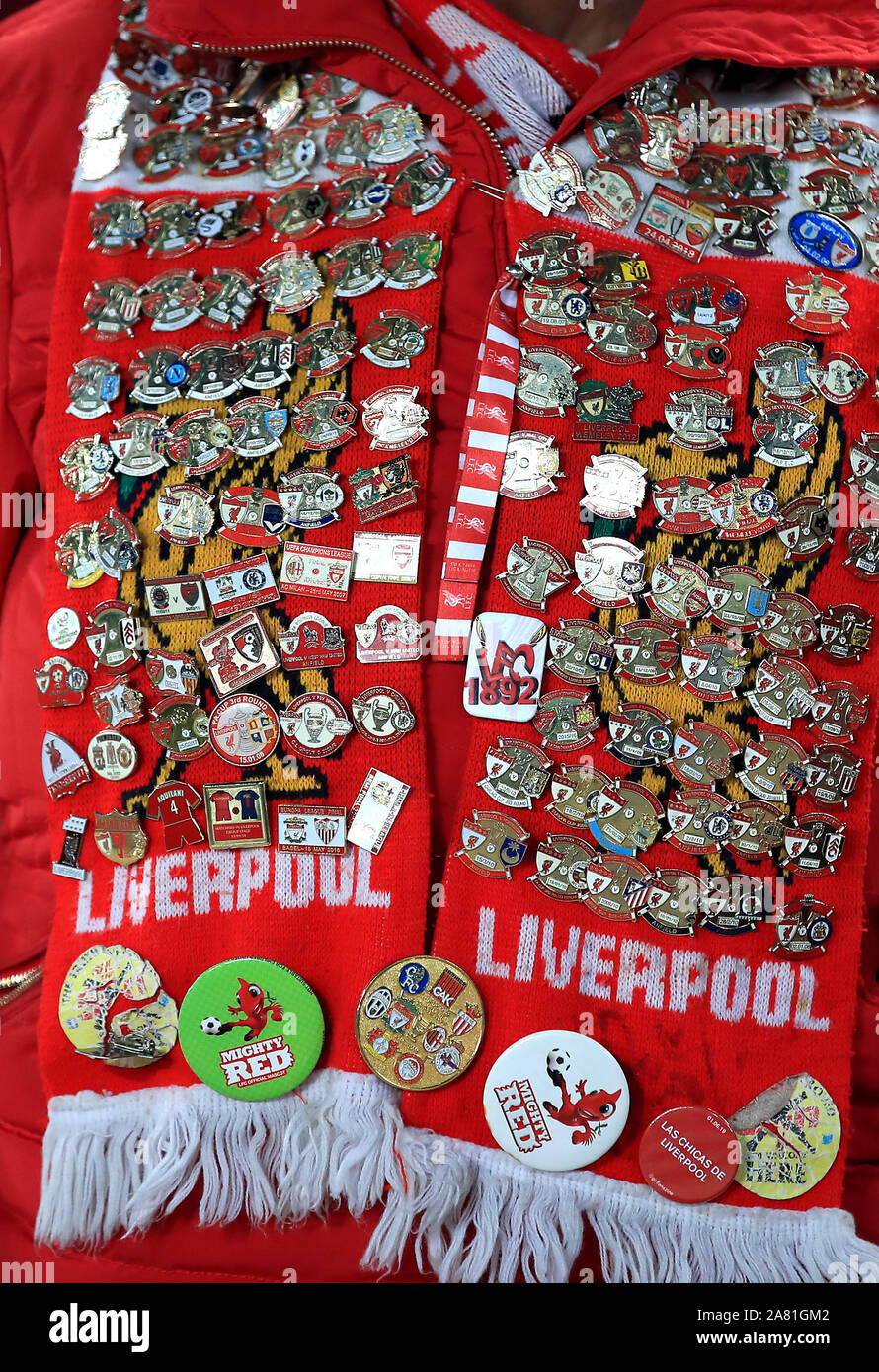 Close up of a Liverpool fan's pin badges before the UEFA Champions League  match at Anfield, Liverpool Stock Photo - Alamy