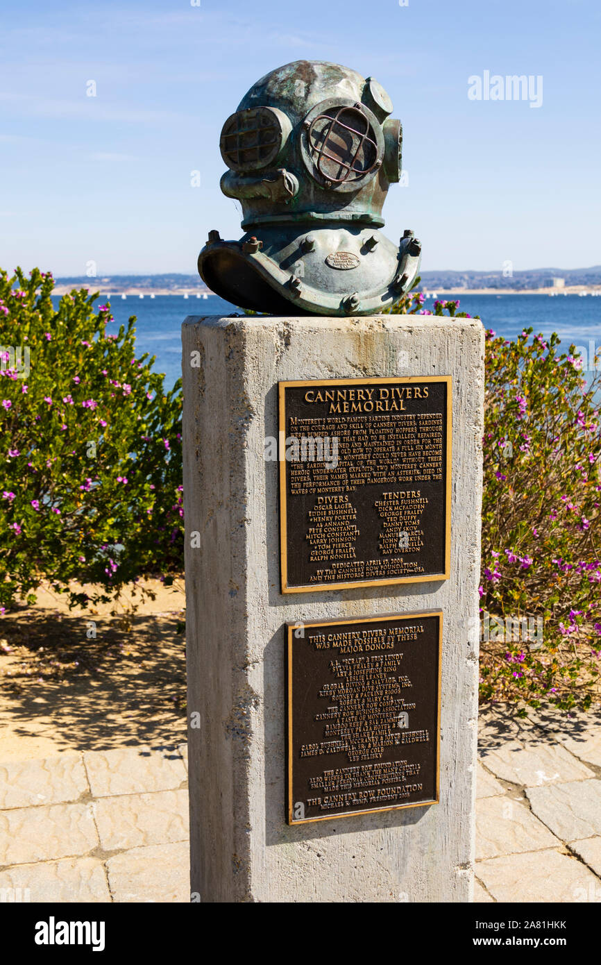 The Cannery Divers Memorial with divers helmet. Cannery Row, Monterey, California, United States of America. Stock Photo