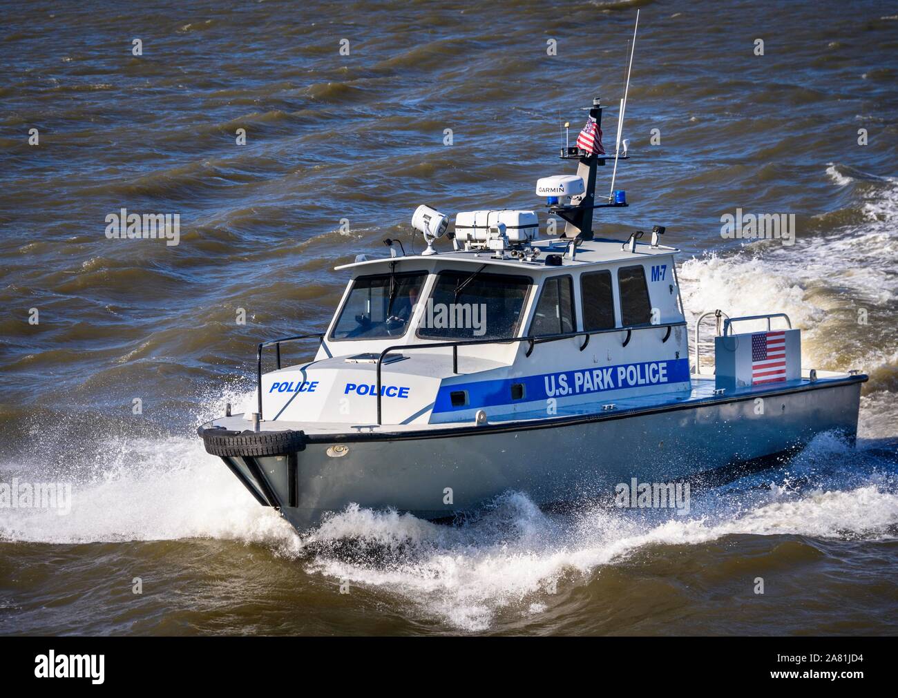 Police Boat on the Hudson River, Police, U.S. Park Police, New York City, New York, USA Stock Photo