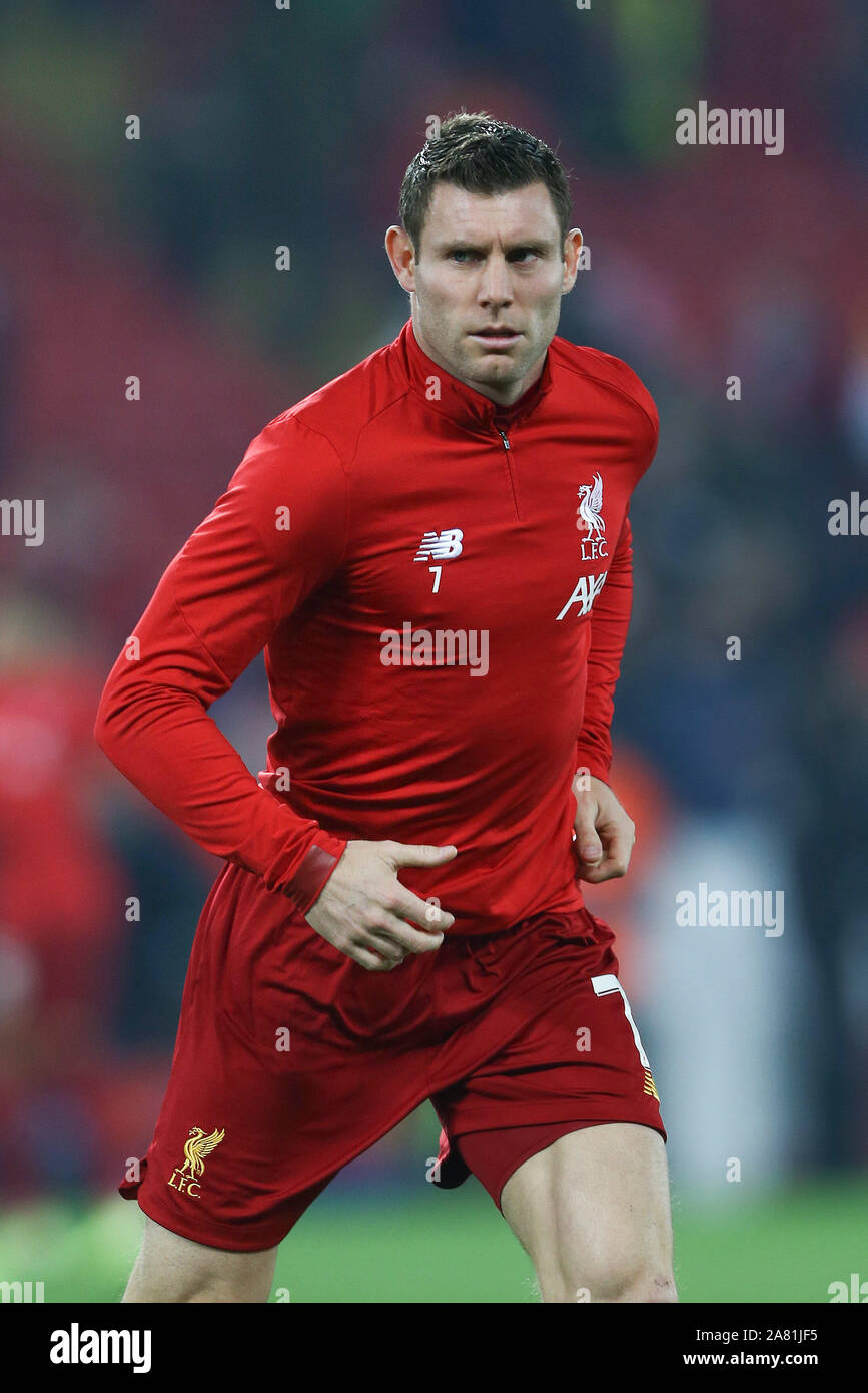 Liverpool, UK. 05th Nov, 2019. James Milner of Liverpool looks on during the warm up. UEFA Champions league group E match, Liverpool v KRC Genk at Anfield Stadium in Liverpool on Tuesday 5th November 2019. this image may only be used for Editorial purposes. Editorial use only, license required for commercial use. No use in betting, games or a single club/league/player publications. pic by Chris Stading/Andrew Orchard sports photography/Alamy Live news Credit: Andrew Orchard sports photography/Alamy Live News Stock Photo