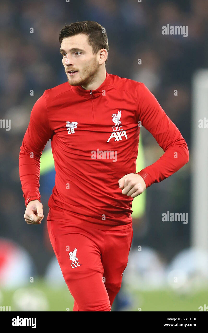 Liverpool, UK. 05th Nov, 2019. Andrew Robertson of Liverpool looks on during the warm up. UEFA Champions league group E match, Liverpool v KRC Genk at Anfield Stadium in Liverpool on Tuesday 5th November 2019. this image may only be used for Editorial purposes. Editorial use only, license required for commercial use. No use in betting, games or a single club/league/player publications. pic by Chris Stading/Andrew Orchard sports photography/Alamy Live news Credit: Andrew Orchard sports photography/Alamy Live News Stock Photo