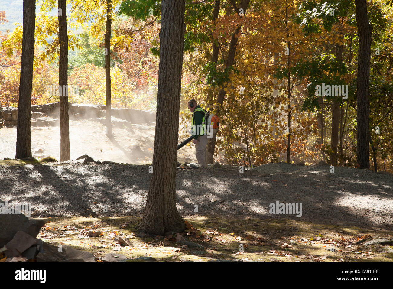 Worker blow leaves off hiking trails at state park in South Hadley, Massachusetts. Stock Photo