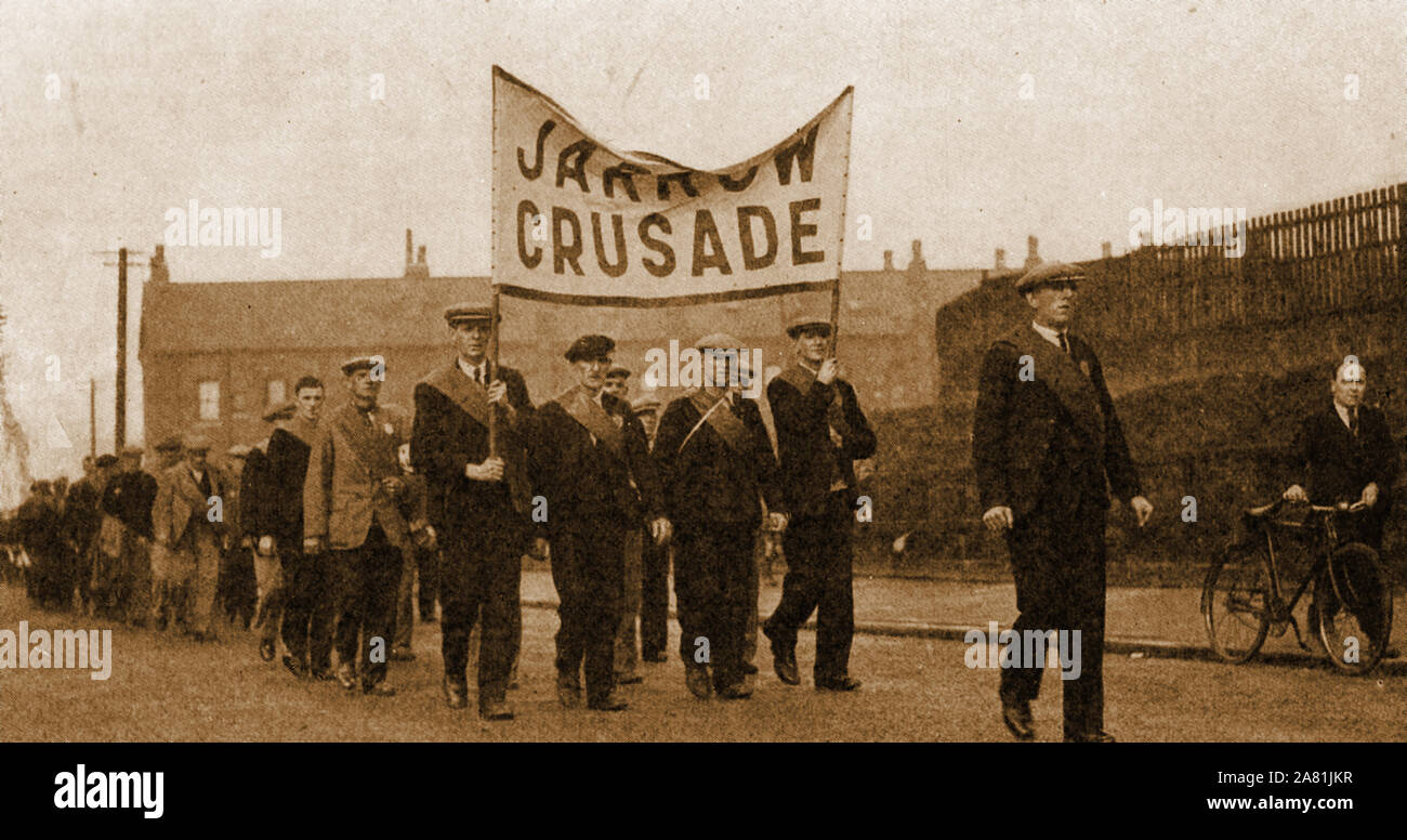 Jarrow Marchers  on the Jarrow Crusade (5–31 October 1936) a protest organised against the unemployment and poverty suffered in the English Tyneside town of Jarrow after the local ship building industry collapsed 200 'crusaders' marched to London with a petition requesting re-establishment of industry in the town. It was organised by the borough council. Stock Photo