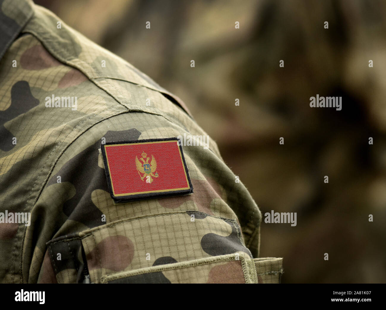 Flag of Montenegro on military uniform. Army, troops, soldiers. Collage. Stock Photo