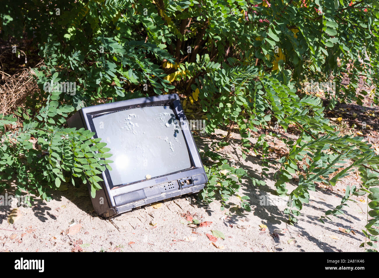 An old broken black television lays in garbage and bushes. Sun light reflection. Stock Photo